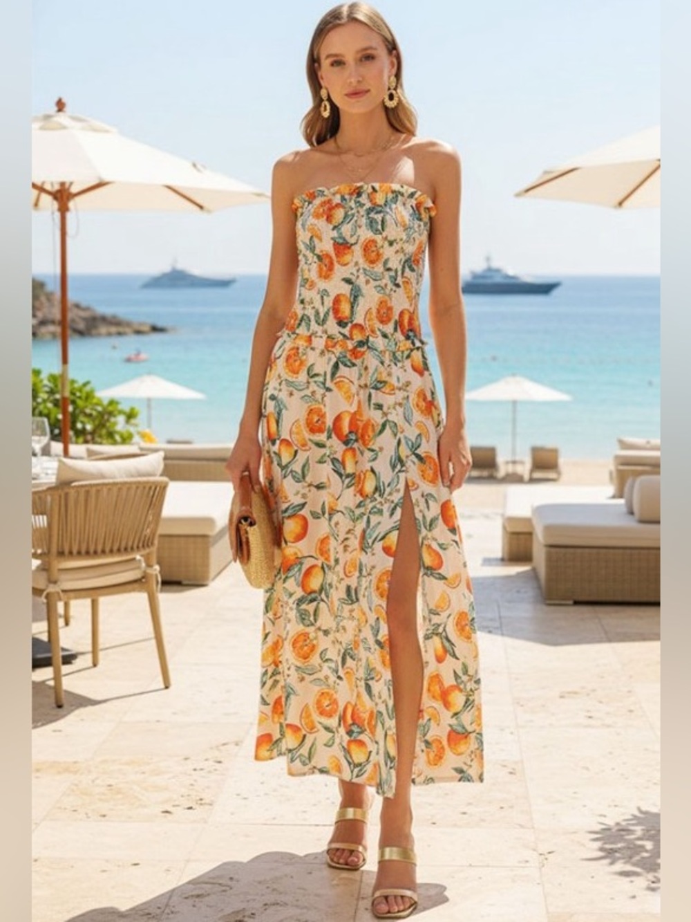 Strapless Orange & Green Citrus Maxi Dress